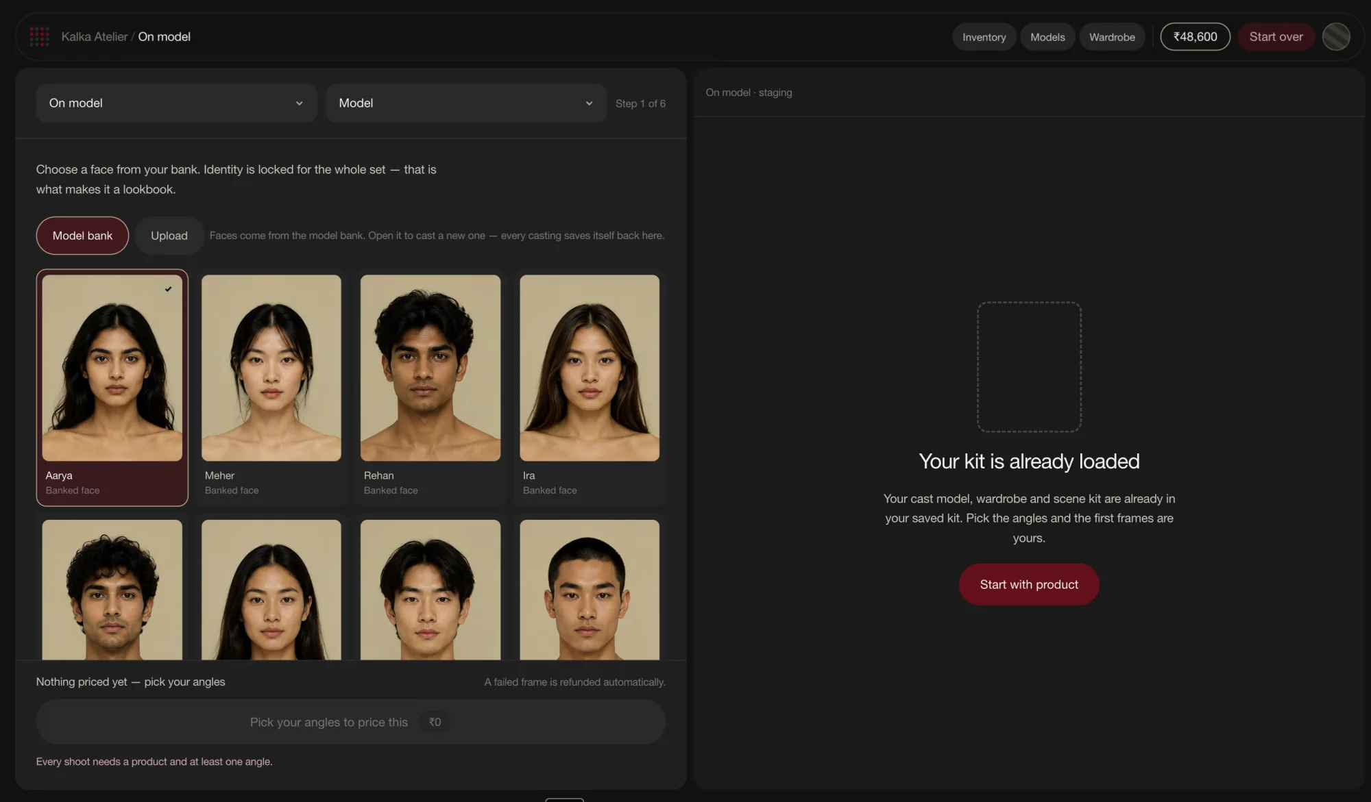 Spanda Studio: casting a face from the model bank, the first step of a directed shoot.